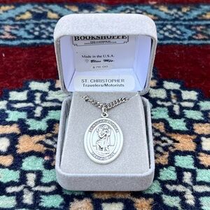 St. Christopher Sterling Silver Large Oval Religious Medal Necklace Heavy Chain